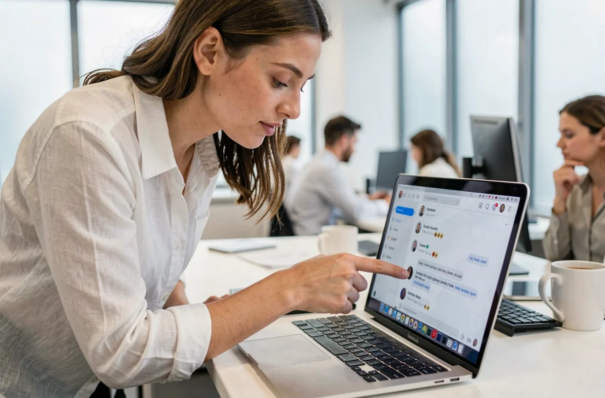 Professionnelle cherchant comment accéder aux demandes envoyées sur Instagram sur un ordinateur portable au bureau