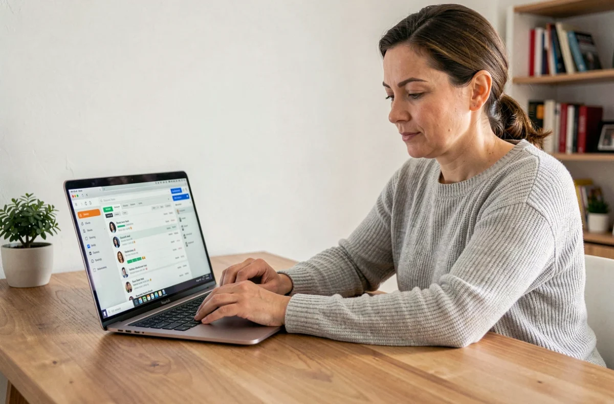 Femme accédant à son webmail sur un ordinateur portable dans un bureau à domicile moderne
