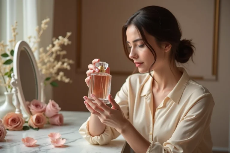 Femme élégante tenant un flacon de parfum de luxe sur une coiffeuse en marbre, ambiance raffinée et féminine