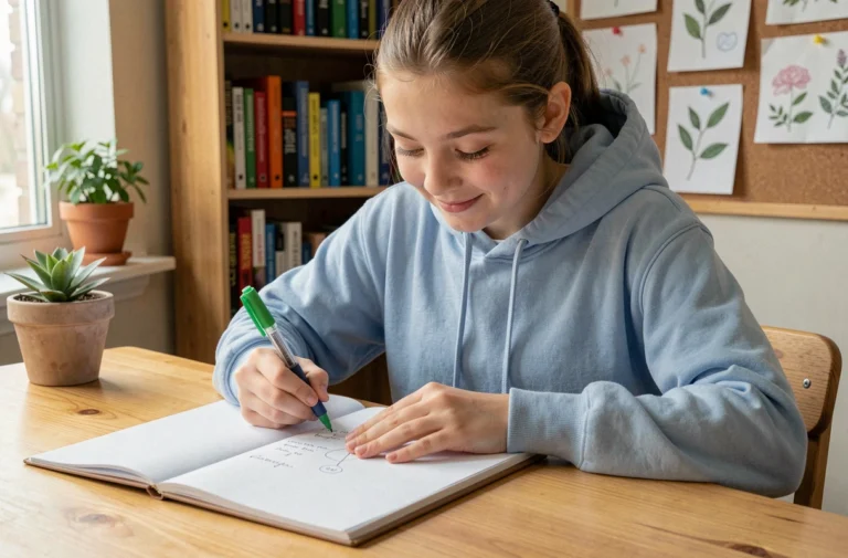 Adolescente décorant une page de garde SVT dans son cahier avec des stylos colorés sur un bureau en bois