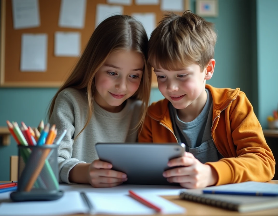 Deux adolescents consultant ensemble une liste de fournitures scolaires sur tablette numérique à leur bureau pour préparer la rentrée 2026