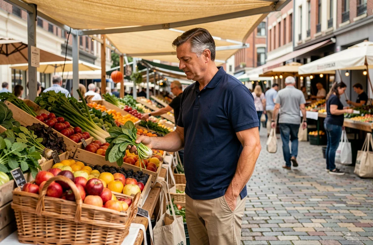 Homme choisissant des fruits et légumes frais au marché pour adopter une alimentation saine et équilibrée