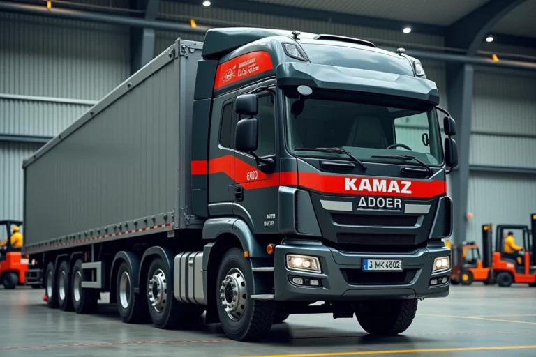 Camion Kamaz garé dans un hub logistique industriel avec entrepôt en arrière-plan