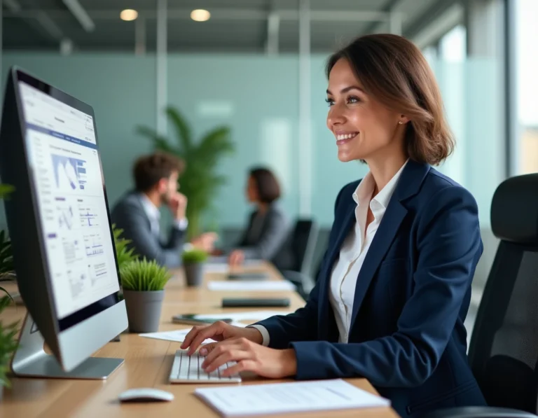 Collaboratrice BNP Paribas consultant le portail Alis sur son ordinateur de bureau dans un open space moderne
