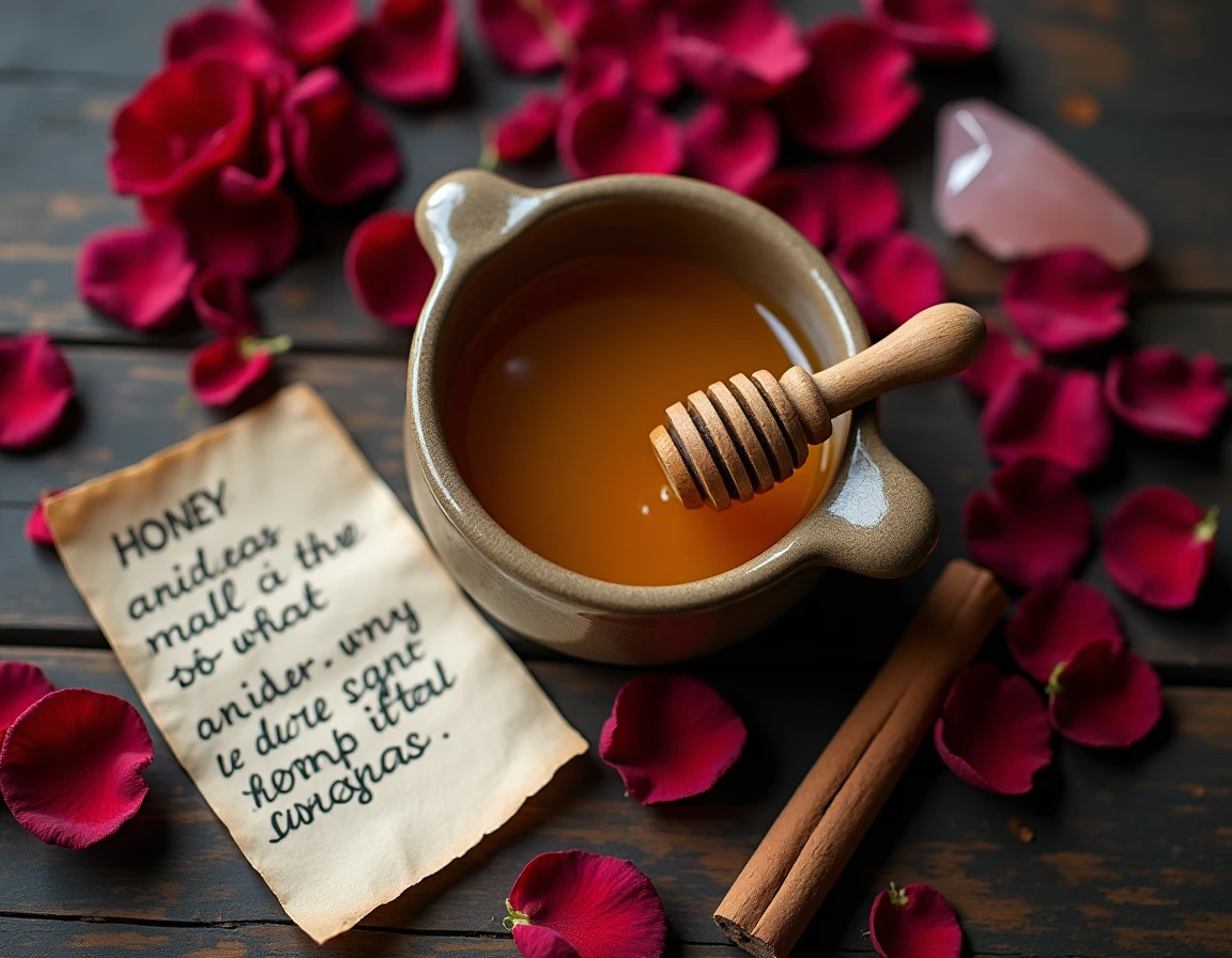 Composition rituelle vue du dessus avec pot de miel, pétales de rose et cristal rose