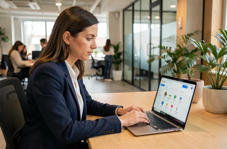 Femme professionnelle utilisant un compte Google sur son ordinateur portable dans un bureau moderne, illustrant la gestion des services Google et Gmail