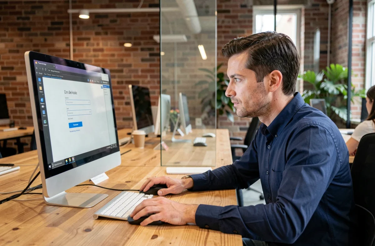 Homme connecté à une interface de webmail sur un ordinateur de bureau dans un espace de coworking