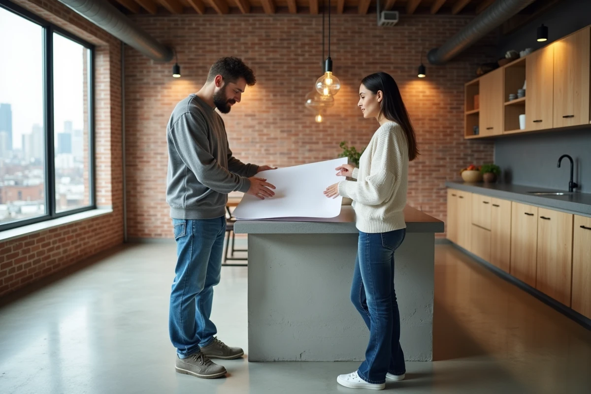 Jeune couple examinant des plans dans un appartement rénové représentant les nouvelles opportunités immobilières
