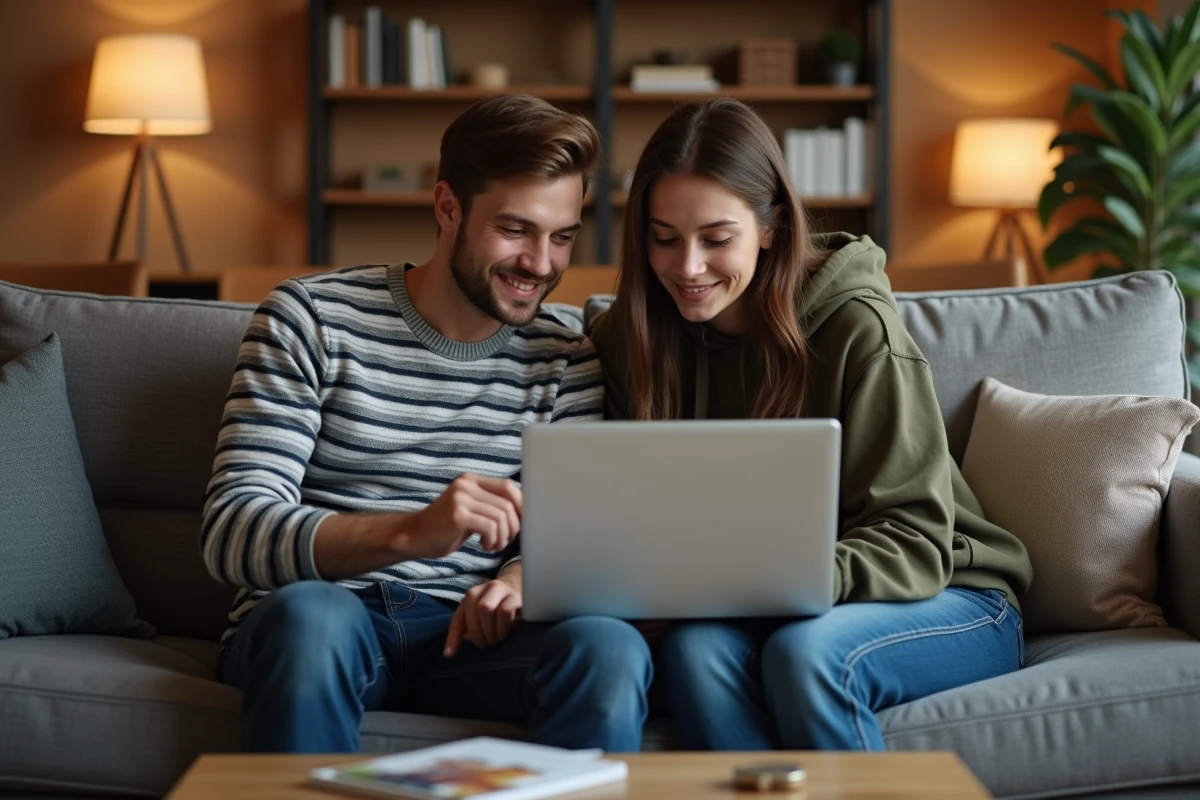 Couple découvrant ensemble les services et actualités d'une plateforme en ligne depuis leur salon
