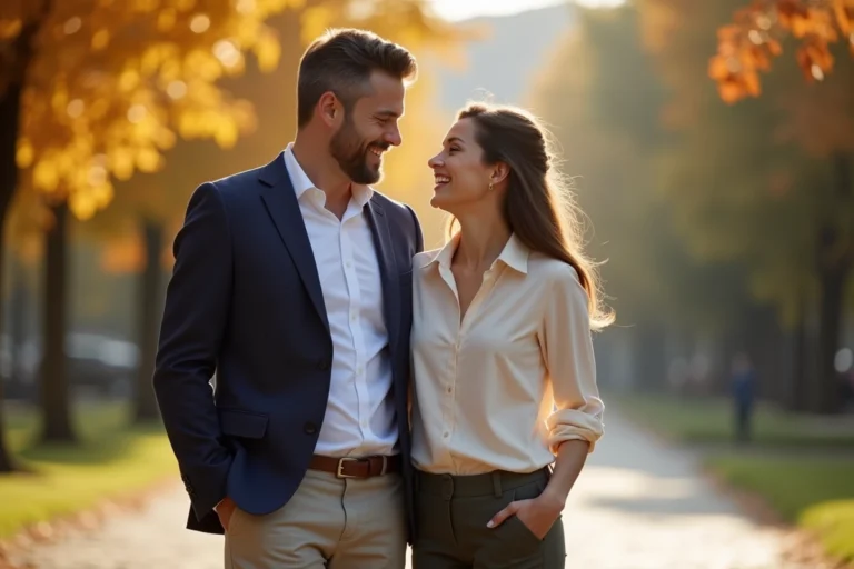 Couple élégant partageant un moment complice dans un parc en automne, illustrant la vie privée de Florian Tardif et son épouse