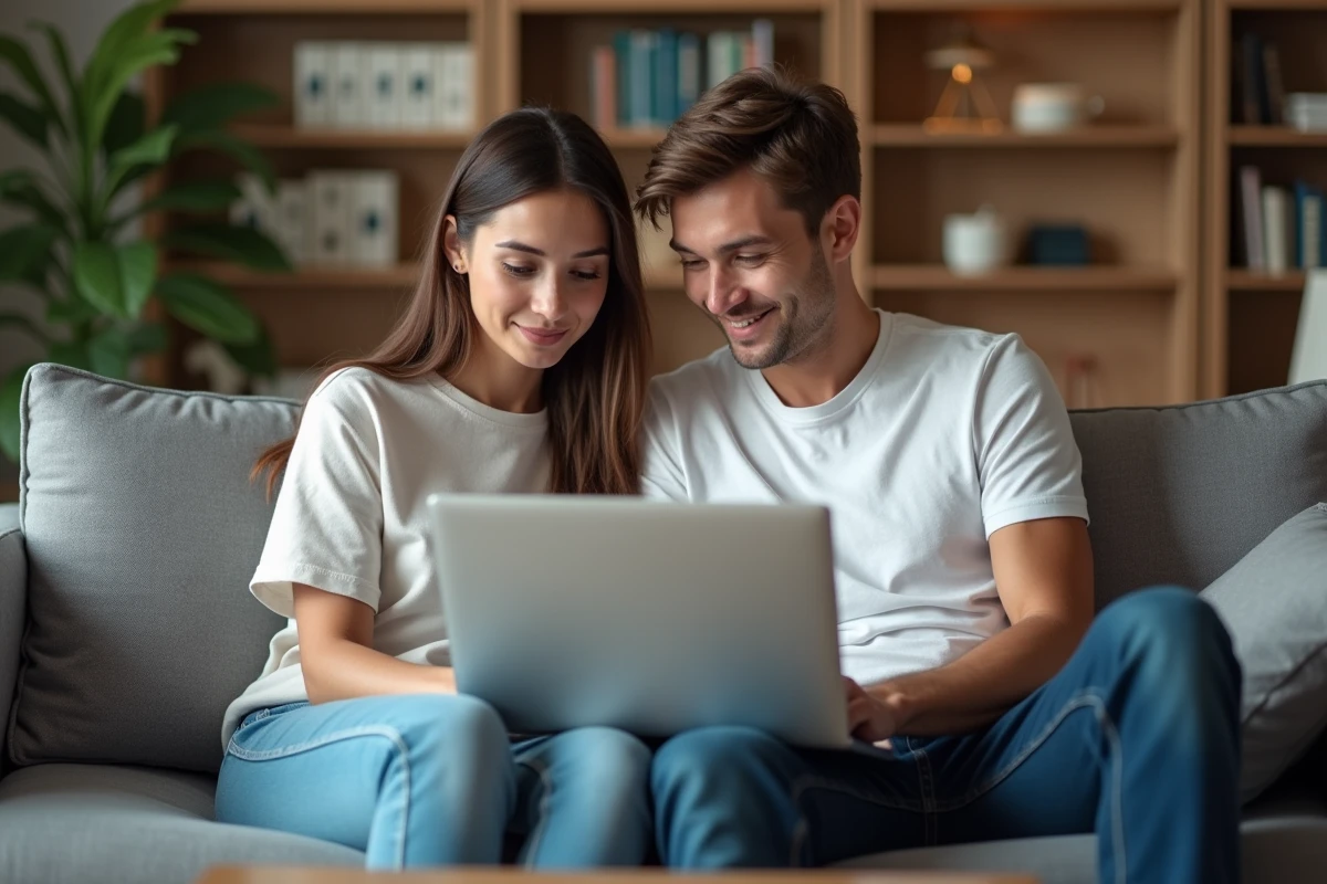 Couple consultant les options de paiement en 10 fois sans frais sur un ordinateur portable
