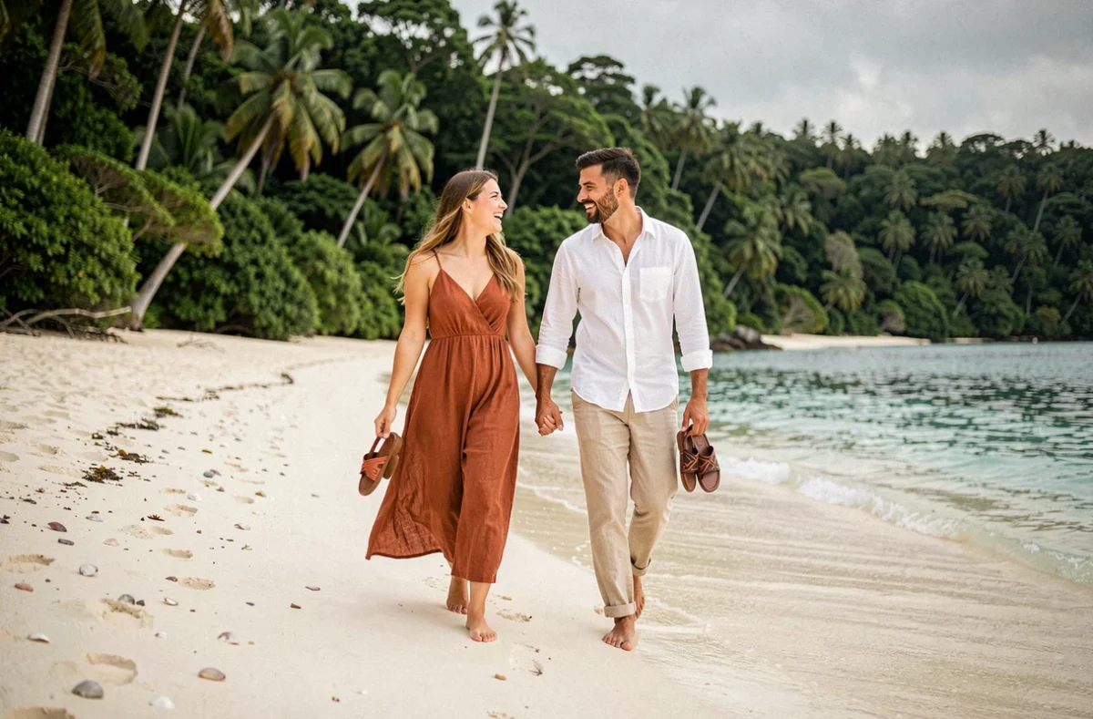 Couple en train de se promener pieds nus sur une plage tropicale isolée lors d'un voyage romantique d'exception