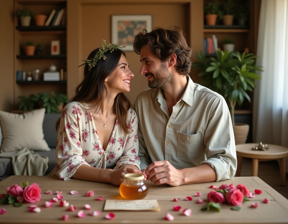 Couple réalisant ensemble un rituel d'amour avec du miel et des pétales de rose