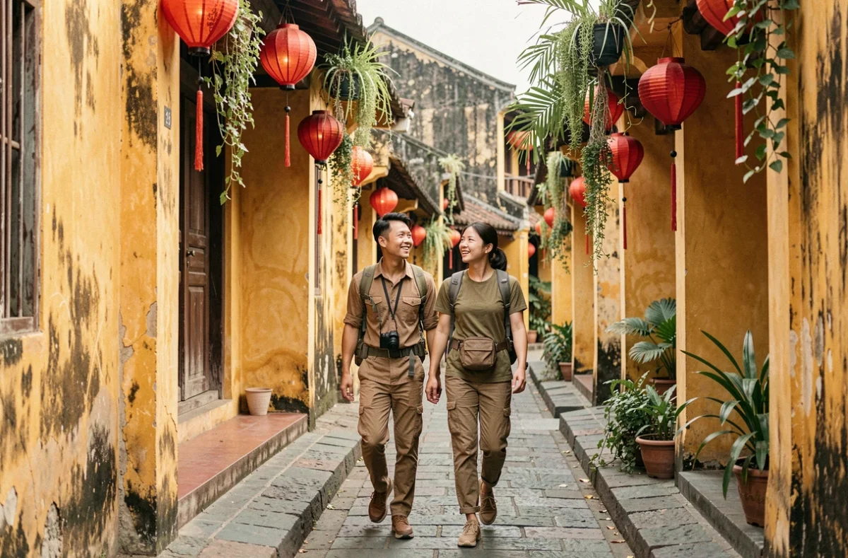Couple de voyageurs explorant une ruelle pavée aux lanternes rouges dans la vieille ville de Hoi An au Vietnam
