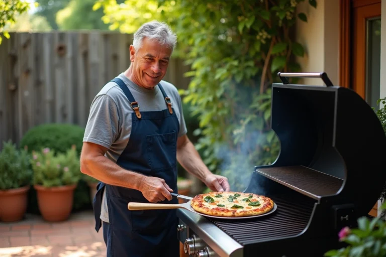 Homme faisant cuire une pizza maison sur un barbecue à charbon dans un jardin ensoleillé