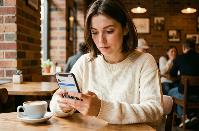 Jeune femme consultant les demandes de messages envoyées sur Instagram depuis son smartphone dans un café