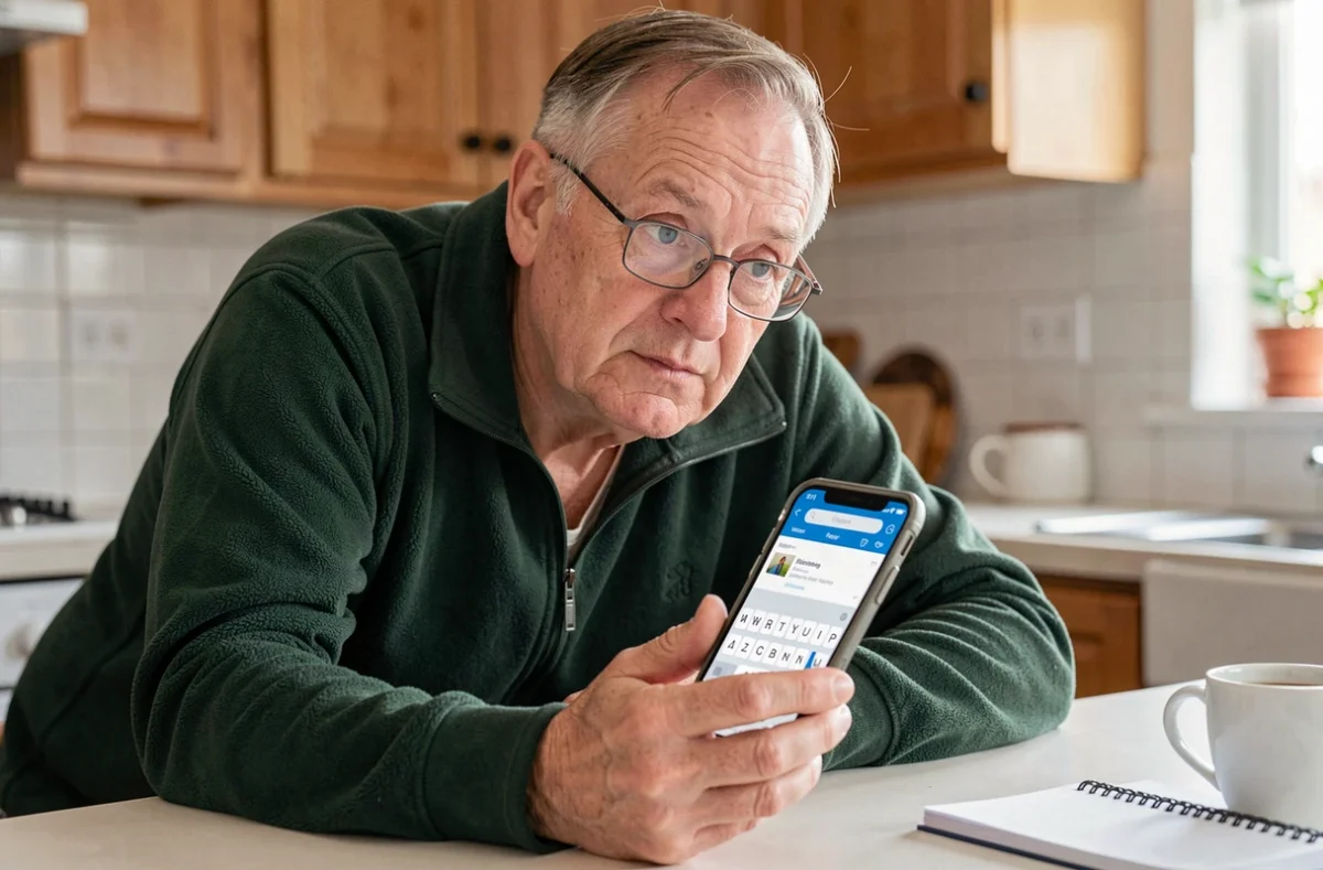 Personne âgée consultant son webmail sur smartphone à la table de cuisine pour résoudre un problème de connexion