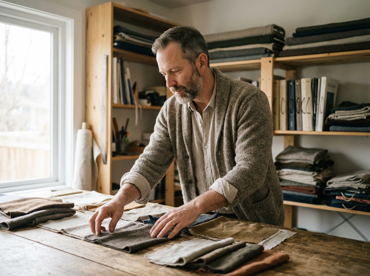 Designer homme examinant des échantillons de tissus dans son atelier