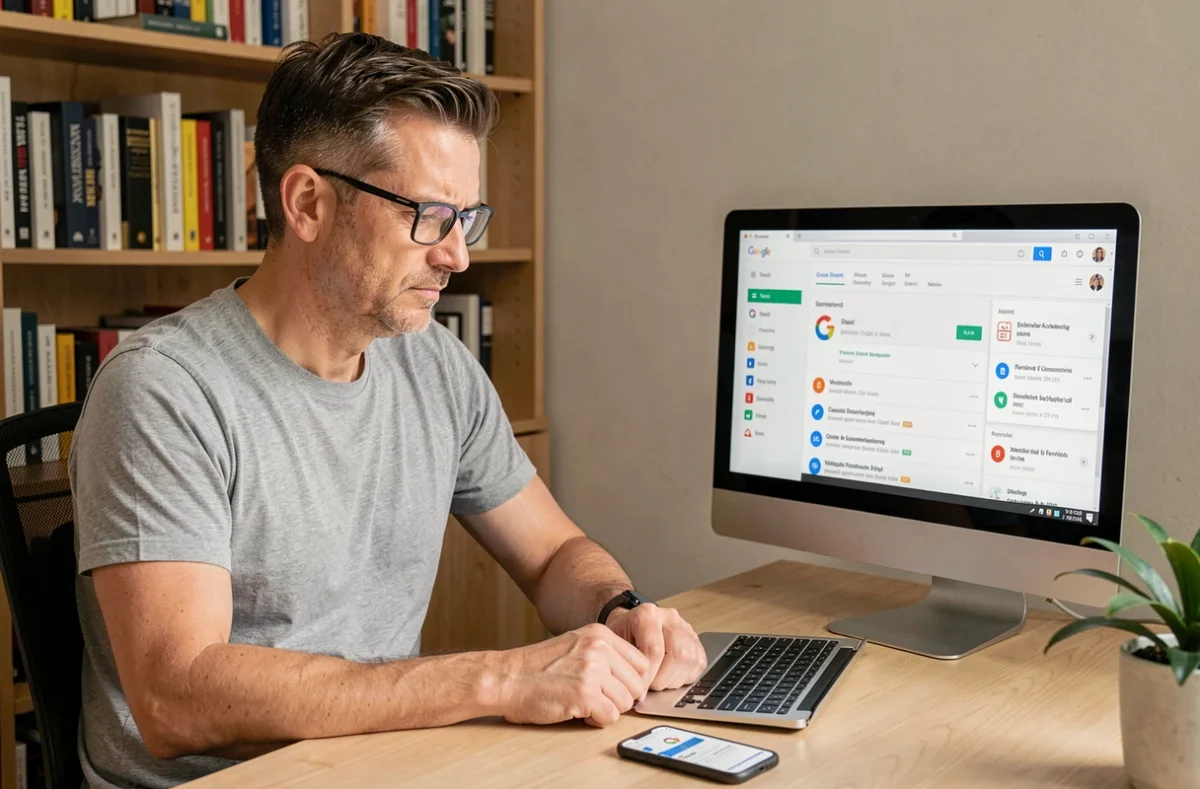 Homme à domicile comparant son compte Gmail sur smartphone et son compte Google sur ordinateur, visualisant le lien entre les deux services