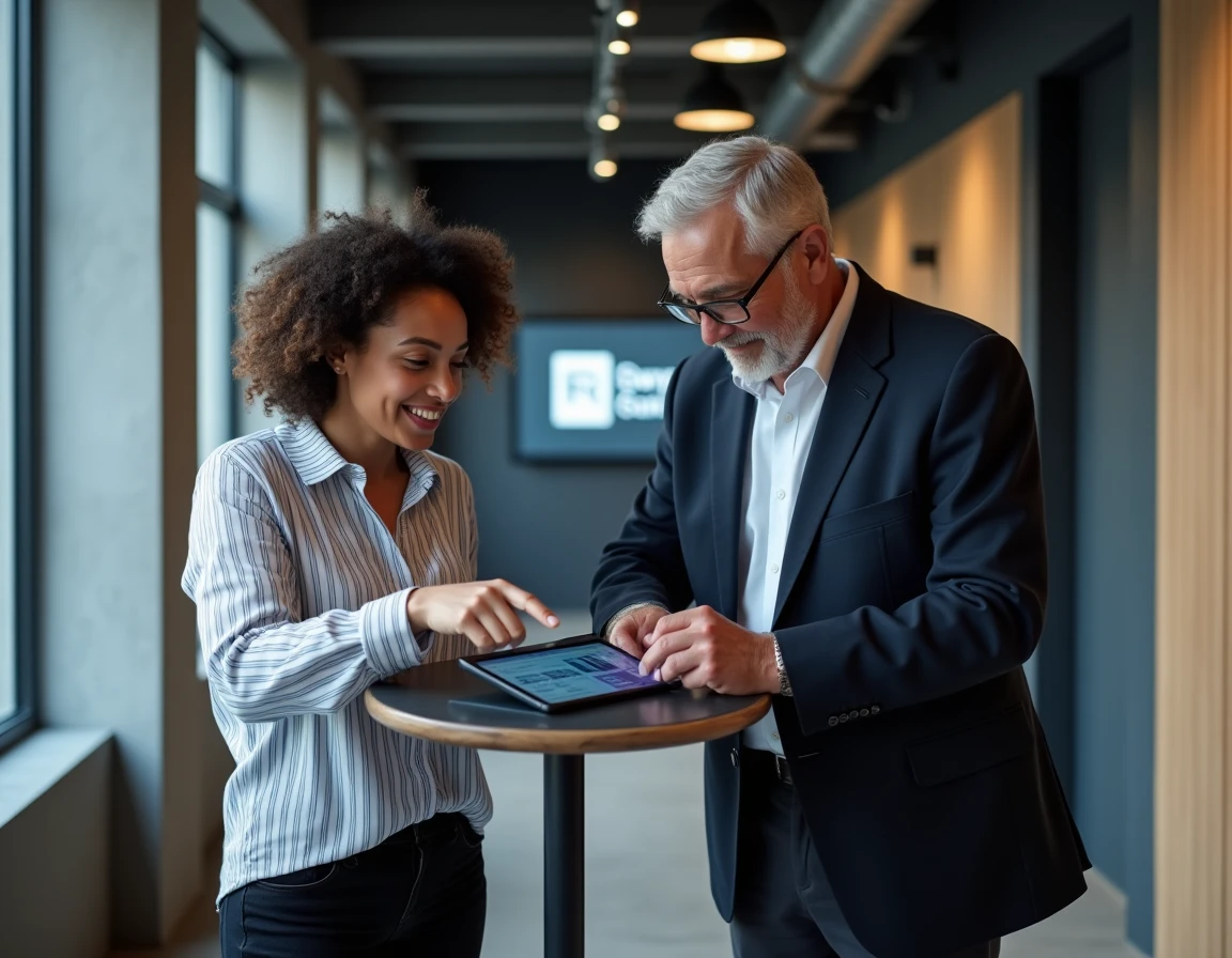 Deux collaborateurs BNP Paribas consultant ensemble le mode d'emploi Alis sur une tablette dans un espace collaboratif