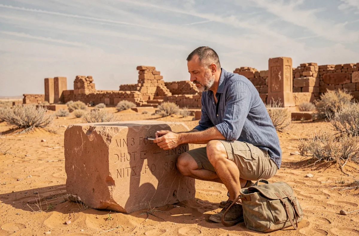 Homme explorateur examinant des ruines archéologiques anciennes dans un désert lors d'un voyage culturel d'exception