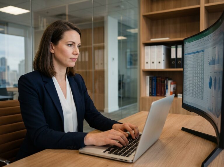 Femme d'affaires en blazer navy travaillant sur son ordinateur