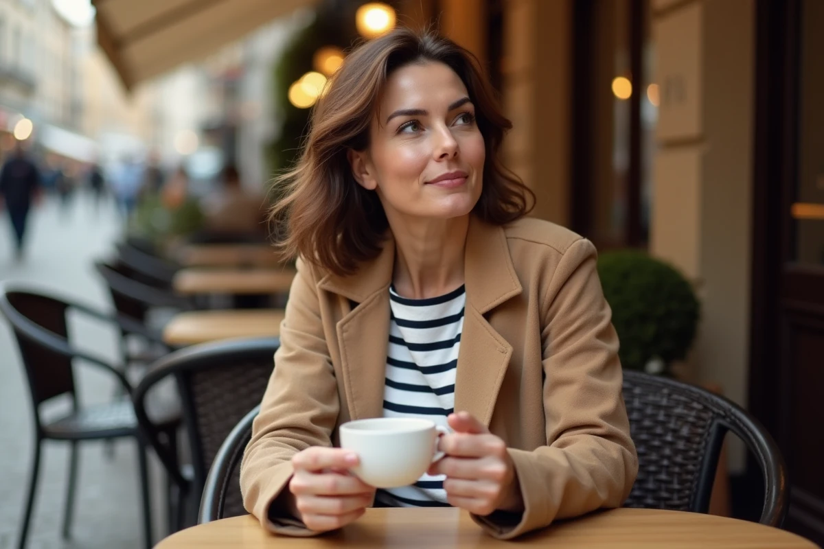 Femme élégante assise en terrasse de café dans une ville européenne, portrait naturel évoquant la personnalité de l'épouse de Florian Tardif