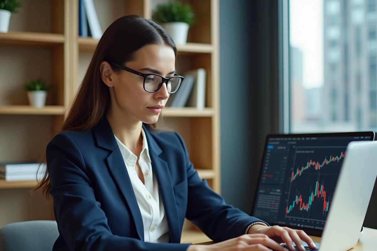 Femme investissant en bourse sur ordinateur portable dans un bureau moderne à domicile