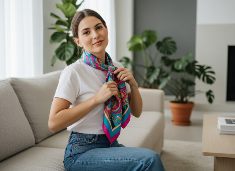 Femme élégante portant un foulard en soie dans un intérieur moderne
