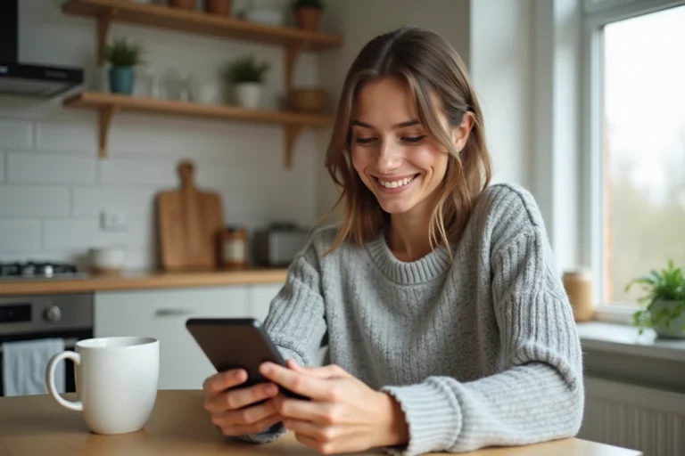 Femme consultant un plan de paiement en 10 fois sans frais sur son smartphone à la maison