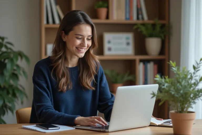 Femme naviguant sur une plateforme d'actualités en ligne depuis un bureau à domicile moderne