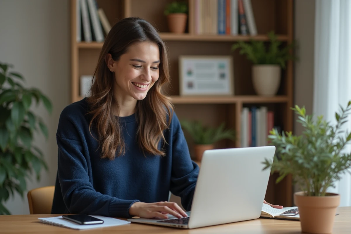 Femme naviguant sur une plateforme d'actualités en ligne depuis un bureau à domicile moderne