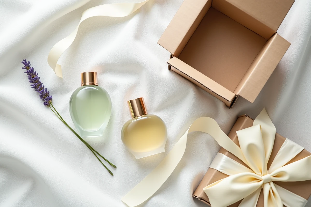 Flat lay de flacons de parfum de luxe avec emballage livraison, style éditorial minimaliste pour parfumerie en ligne