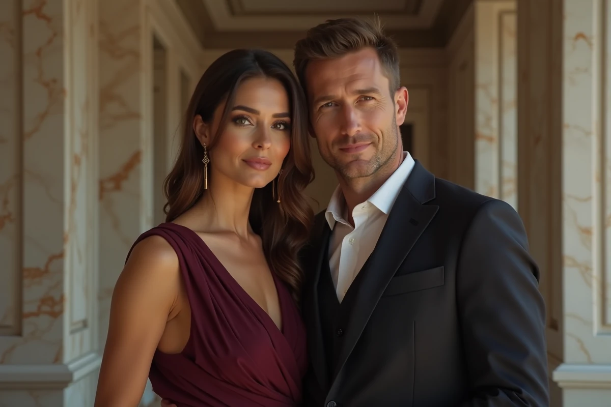Couple distingué lors d'un événement formel dans un cadre architectural élégant, représentant Florian Tardif et son épouse en soirée officielle