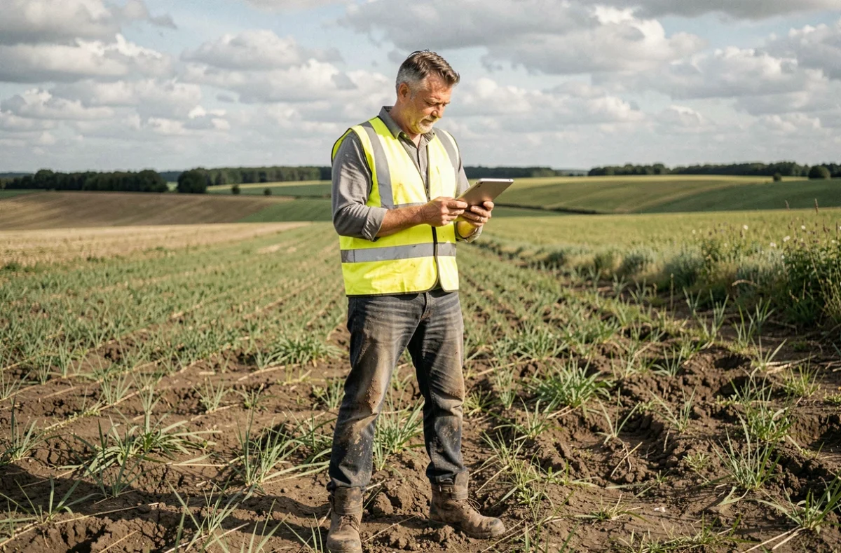 Géomètre expert consultant des données topographiques sur tablette dans un terrain agricole rural