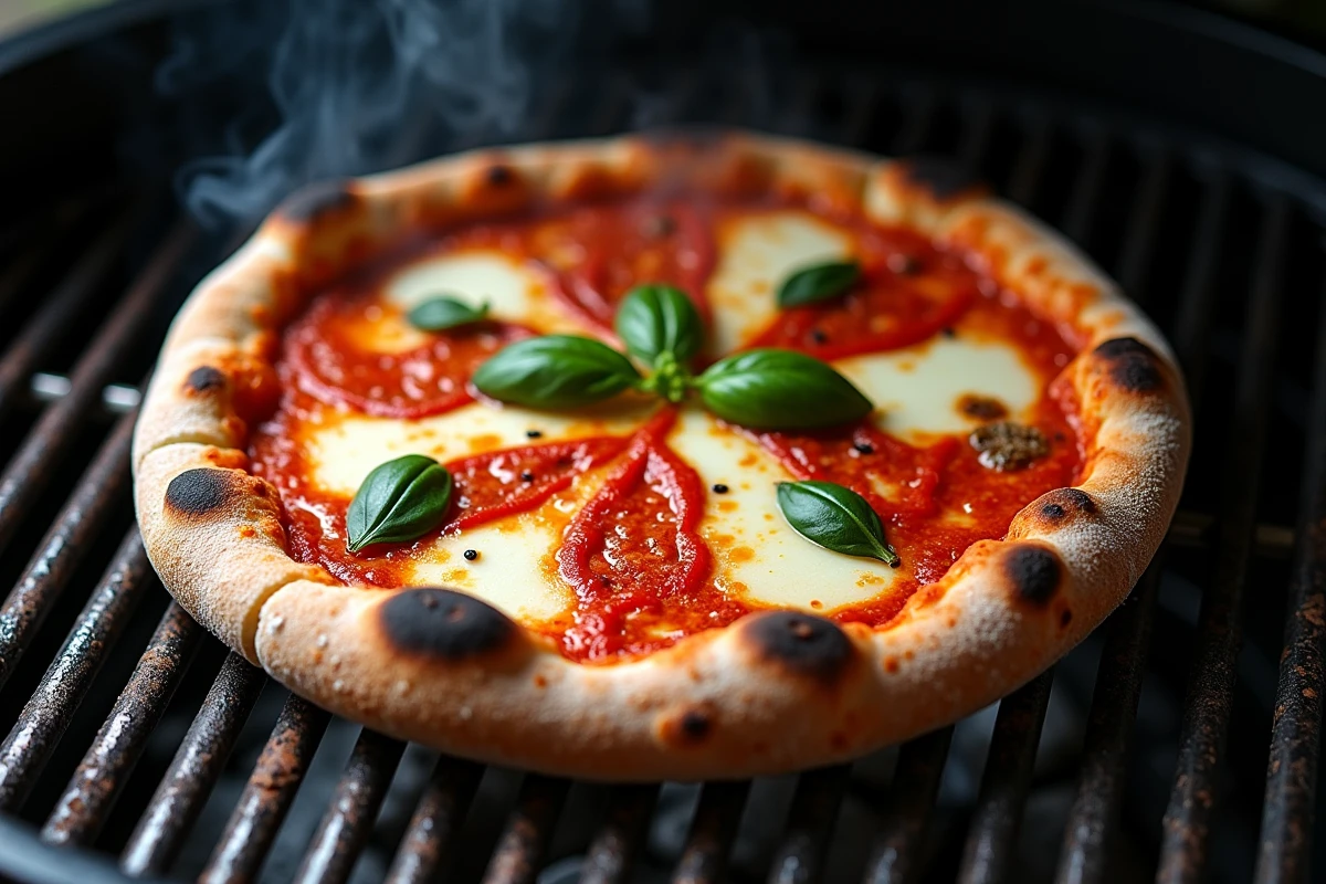 Gros plan d'une pizza avec des marques de grill croustillantes et du fromage fondu cuite directement sur les grilles d'un barbecue