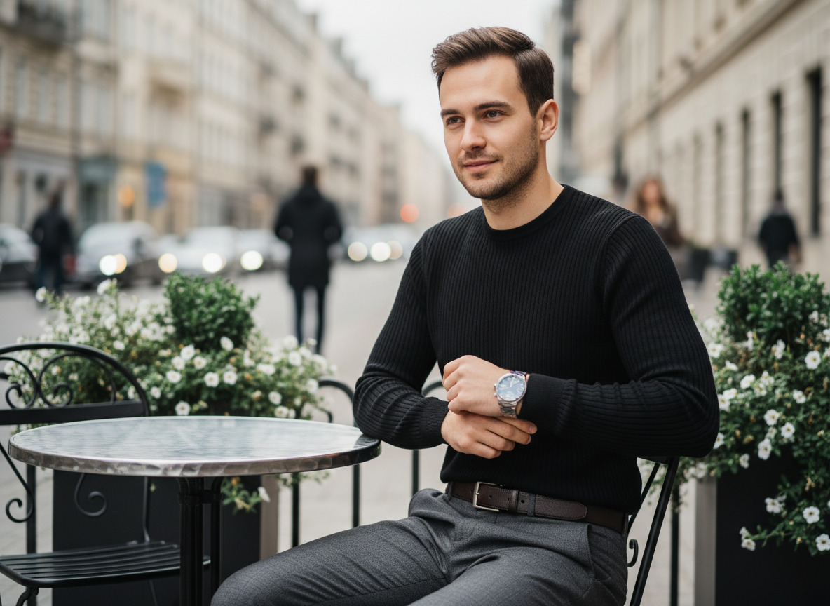 Homme ajustant une montre en cuir dans un café urbain