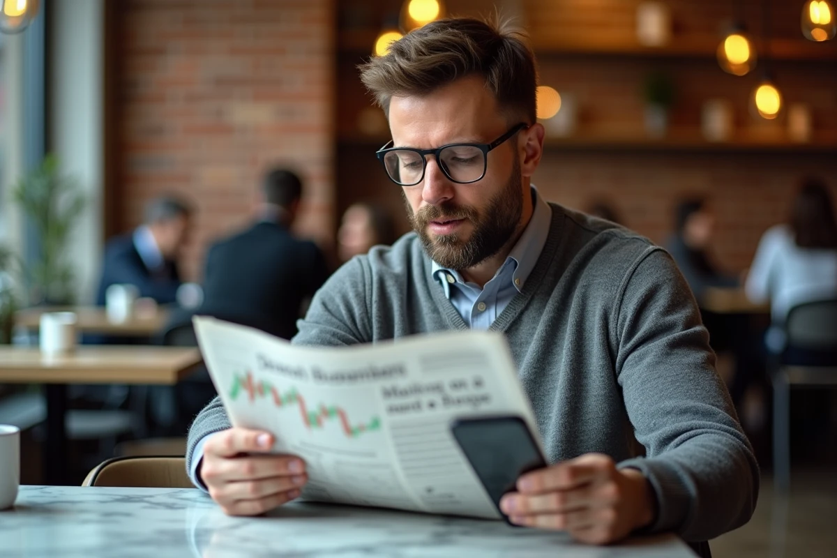 Homme analysant des données financières et boursières dans un café urbain