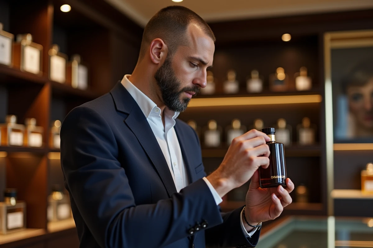 Homme en blazer marine examinant un flacon de cologne dans une boutique de parfumerie de luxe moderne