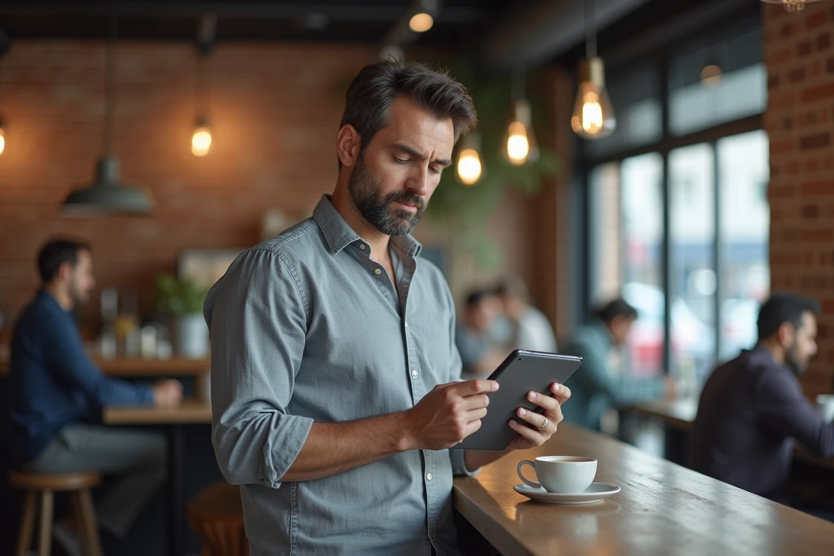 Homme consultant des services et conseils pratiques sur une tablette dans un café urbain