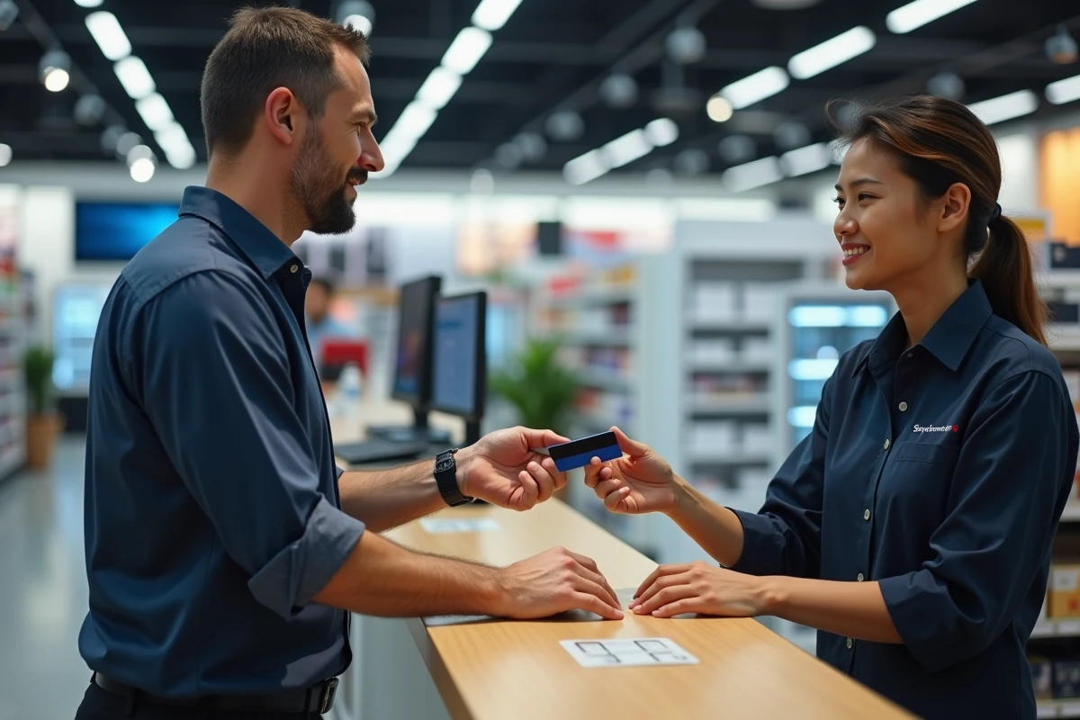 Homme effectuant un paiement en plusieurs fois sans frais en magasin avec sa carte bancaire
