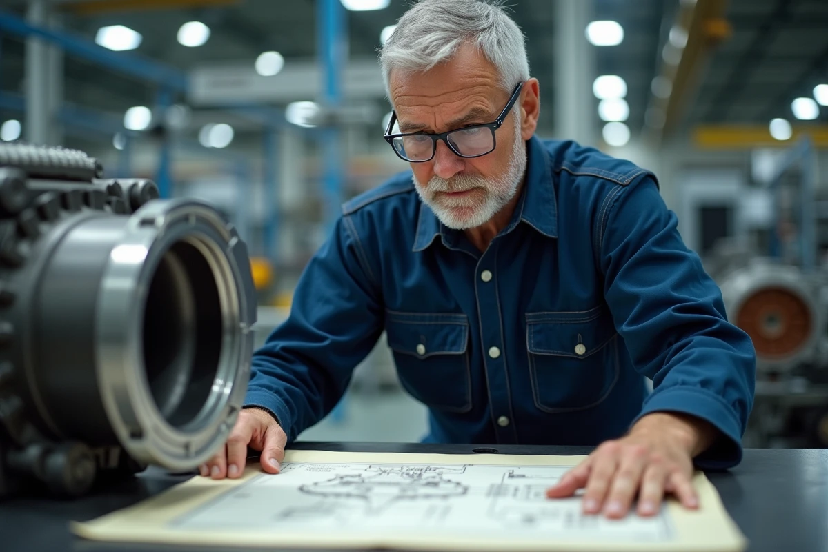Ingénieur Kamaz analysant des plans techniques dans une usine de fabrication moderne