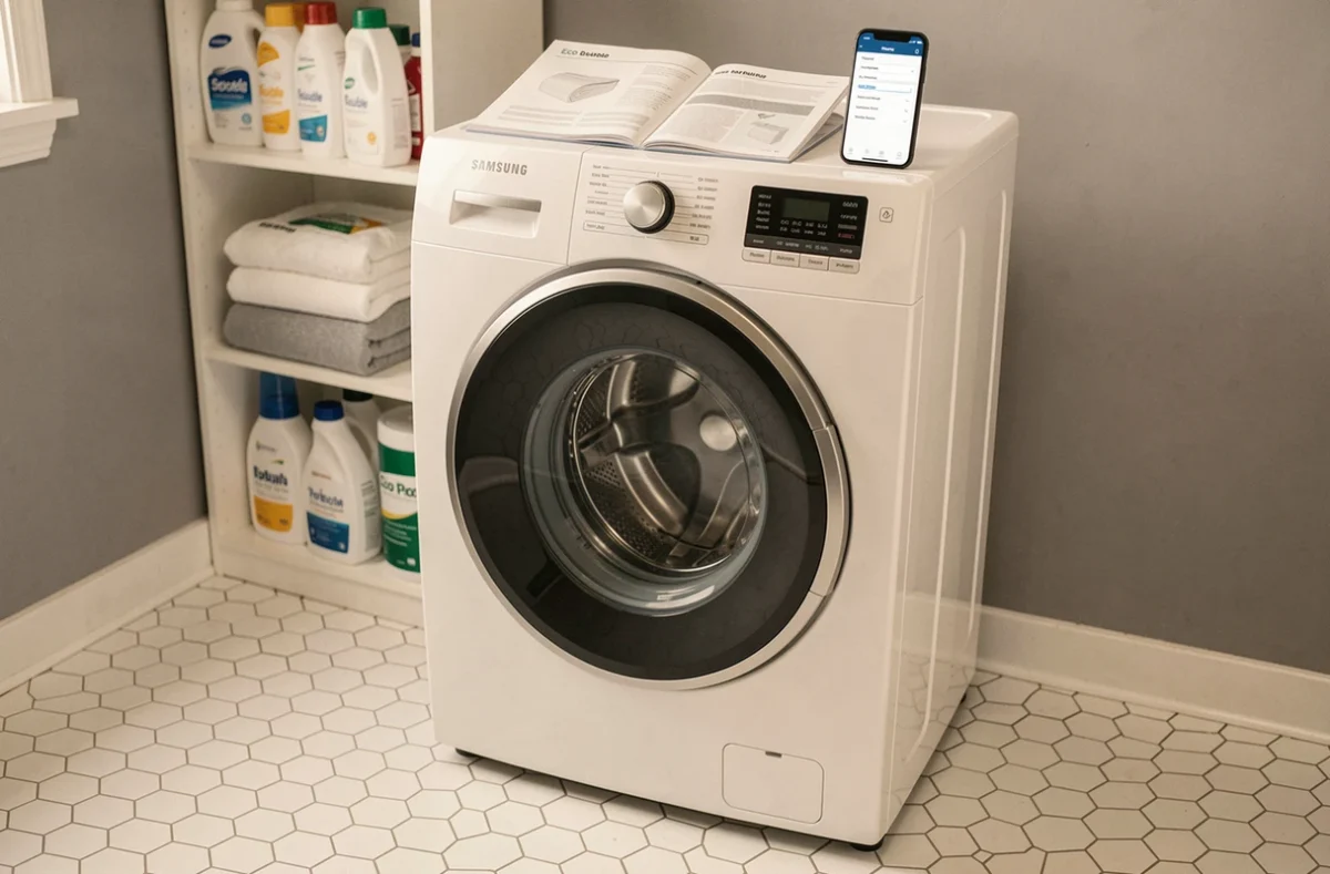 Machine à laver Samsung Eco Bubble avec manuel d'utilisation ouvert pour guide de réinitialisation