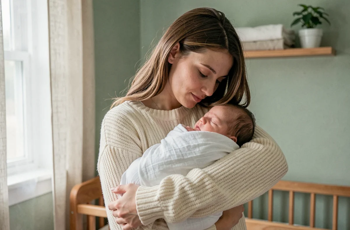 Jeune mère tenant tendrement son nouveau-né enveloppé dans un lange blanc dans une chambre de bébé cosy aux tons naturels