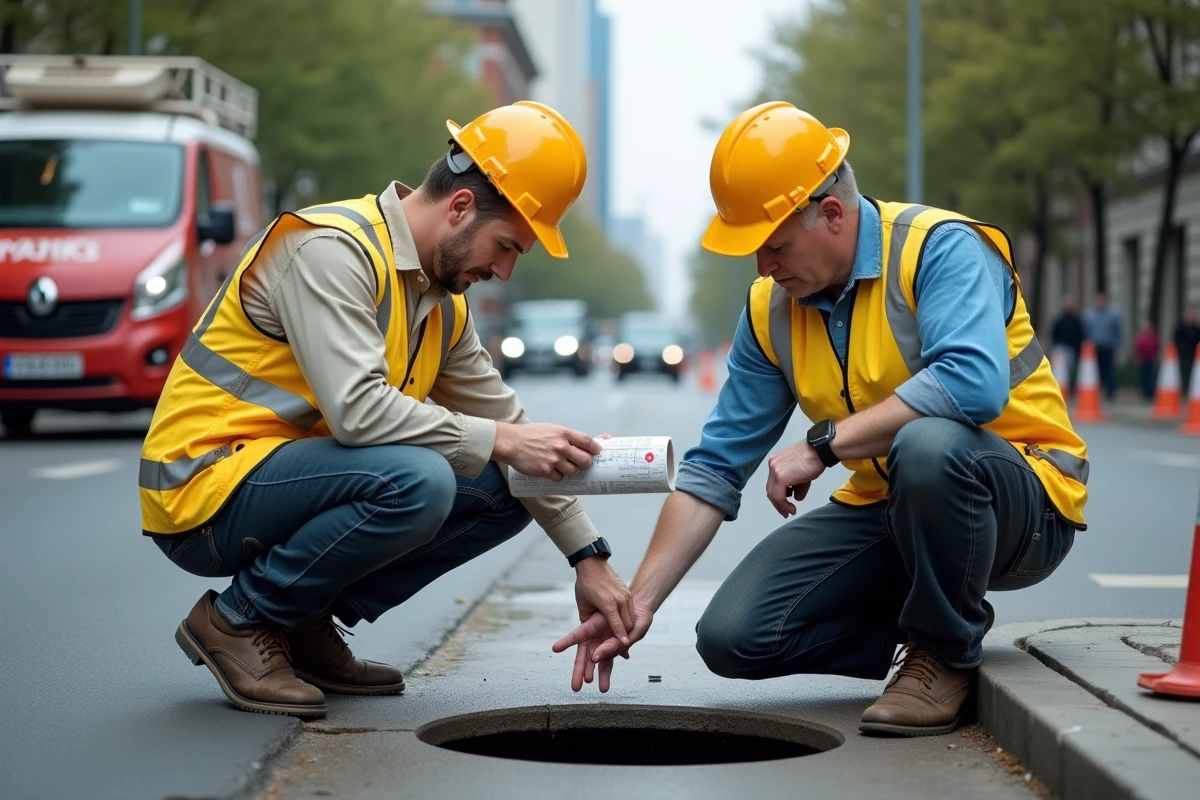 Ouvriers de travaux publics consultant un plan de réseau d'égout sur la voie publique près d'un regard d'égout ouvert