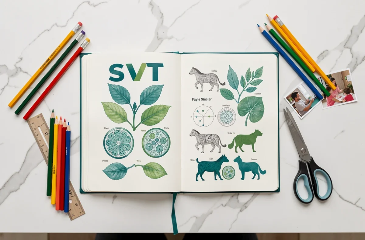 Vue de dessus d'un cahier SVT ouvert avec une page de garde imprimée entourée de fournitures scolaires colorées