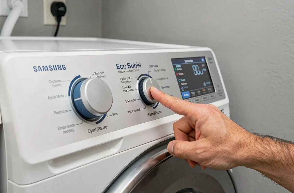Gros plan sur le panneau de commande d'une machine à laver Samsung Eco Bubble lors d'une réinitialisation