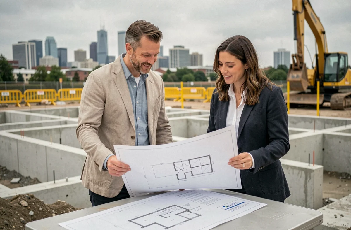 Deux partenaires immobiliers examinant un plan de terrain sur un chantier de construction urbain