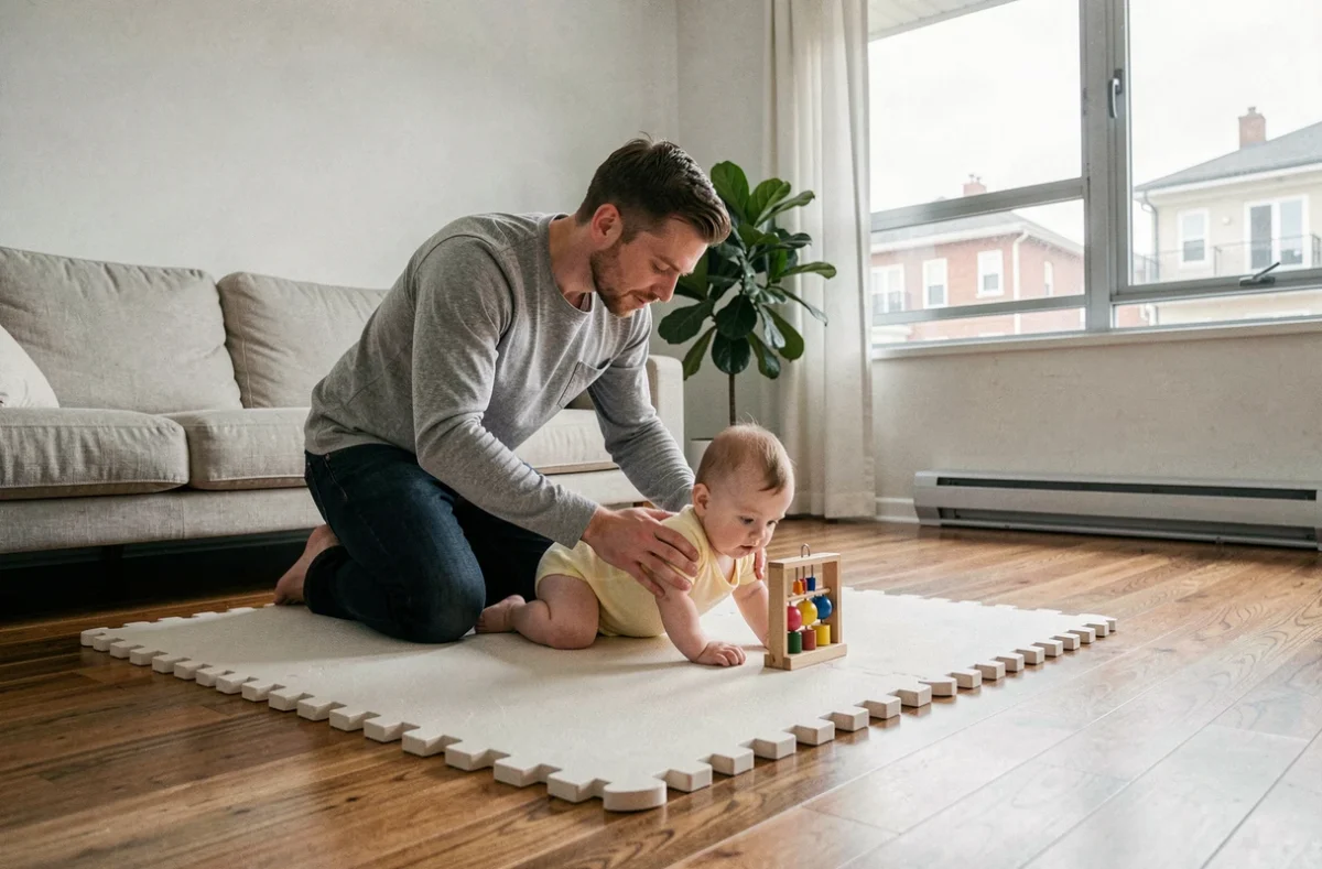 Père aidant son bébé de trois mois à faire du temps sur le ventre sur un tapis de jeu dans un salon moderne