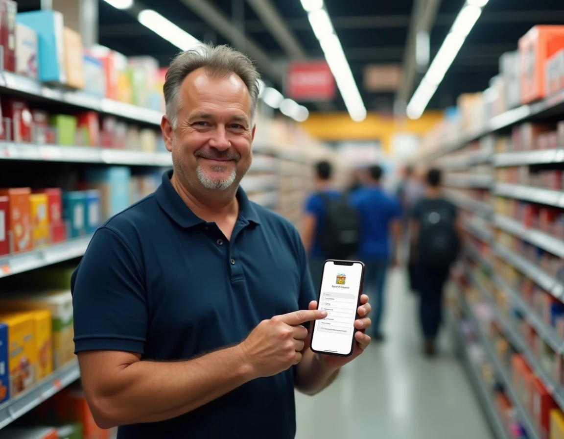 Père vérifiant une liste de fournitures scolaires sur smartphone dans un rayon papeterie de supermarché avant la rentrée